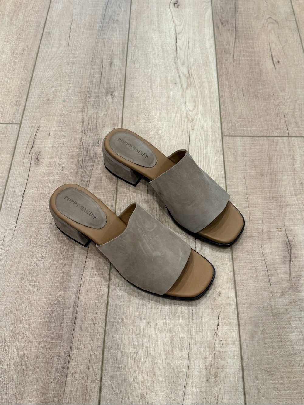 Poppy Barley Taupe Suede Open-Toe Block Heel Mule